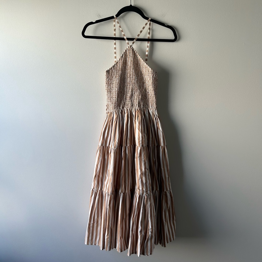 Lusana tan and white striped sleeveless dress